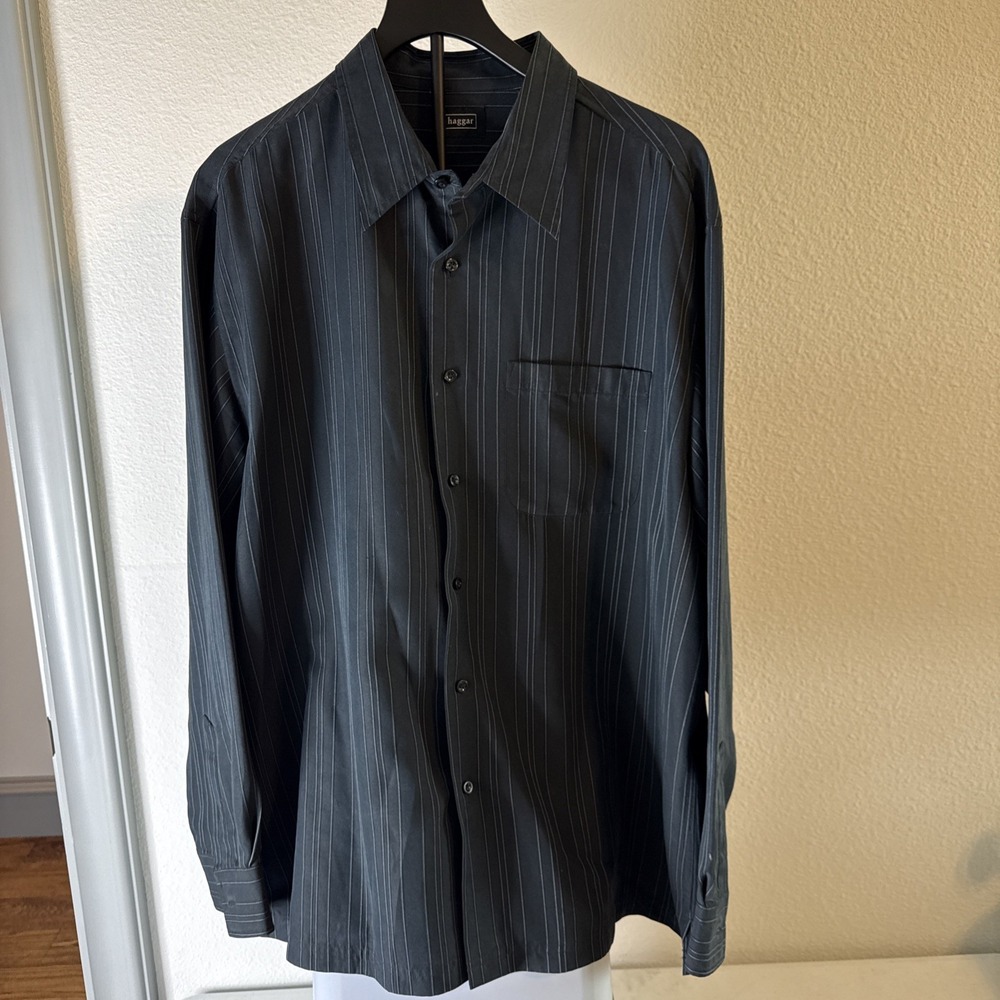 Haggar Mens Luxury Microfiber Striped Long Sleeve Button Up Shirt Coal Size XL